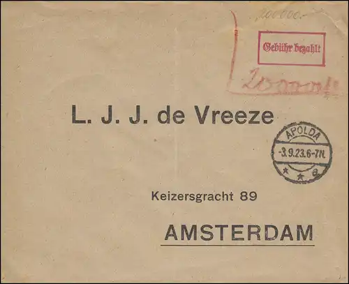 Gebühr-bezahlt-Stempel Brief-Vordruck APOLDA 3.9.1923 nach Amsterdam / Holland 