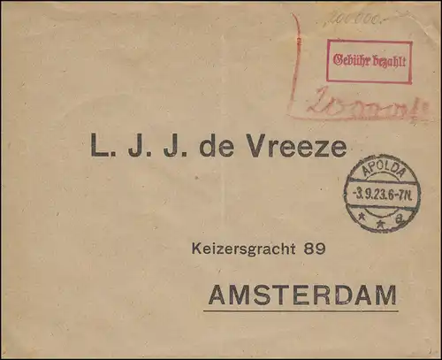 Templier payant lettre formulaire APOLDA 3.9.1923 à Amsterdam / Hollande