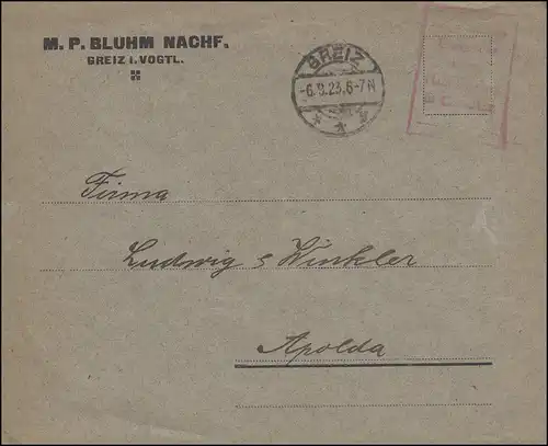 Gebühr-bezahlt-Stempel Brief GREIZ 6.9.1923 nach Apolda