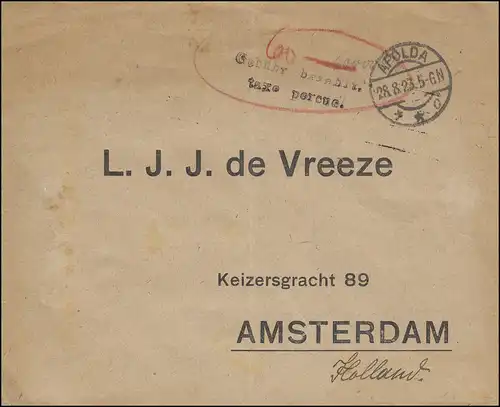 Gebühr-bezahlt-Stempel TAXE PERCUE Brief APOLDA 28.8.1923 nach Amsterdam / NL