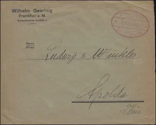 Temple ovale rouge frais-payé FRANKFURT/MAIN 8.9.1923 sur lettre à Apolda