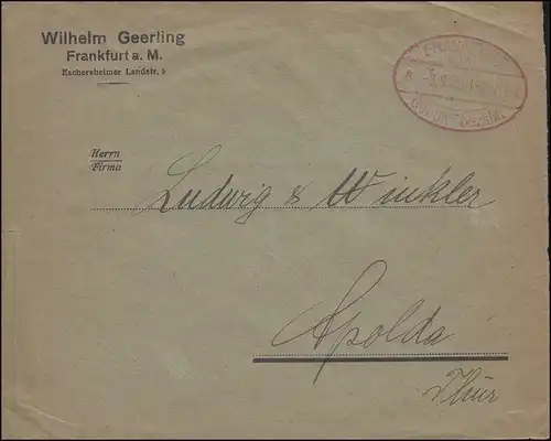 roter Oval-Stempel Gebühr-bezahlt FRANKFURT/MAIN 8.9.1923 auf Brief nach Apolda