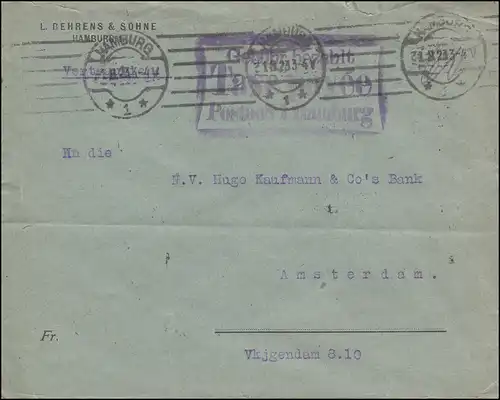 Gebühr-bezahlt-Stempel TAXE PERCUE Postamt HAMBURG 31.8.1923 Brief n. Amsterdam