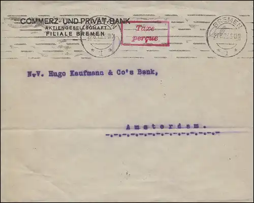 Gebühr-bezahlt-Brief mit TAXE PERCUE-Stempel BREMEN 27.8.1923 nach Amsterdam