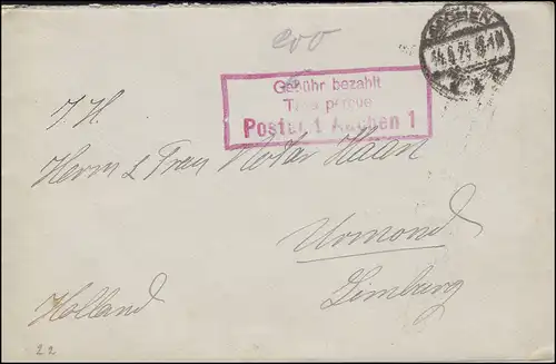 Gebühr-bezahlt-Brief TAXE PERCUE Postamt AACHEN 1923 nach Urmond / Holland