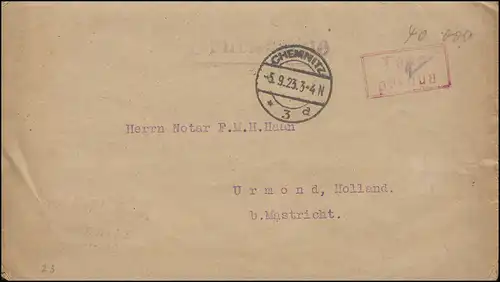 Gebühr-bezahlt-Drucksache mit TAXE PERCUE-Stempel CHEMNITZ 5.9.1923 nach Urmond