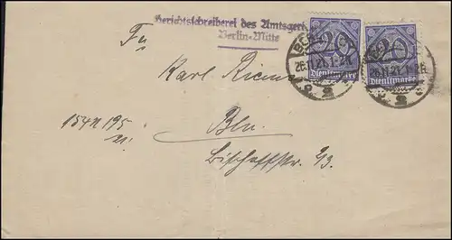 26 Dienstmarke 20 Pf MeF portogerechter Orts-Brief Amtsgericht BERLIN 26.11.1921