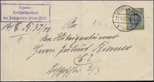 31 Dienstmarke 1,25 M portogerechte EF Orts-Brief Amtsgericht BERLIN 21.6.1922