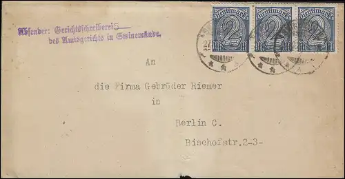 32 Service Marque 2 Mark portofaigle MeF Lettre Cour administrative SWINEMÜNDE 27.10.1922