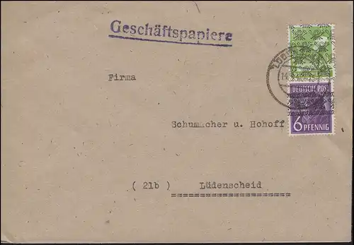 37I Band 6 Pf und 39 Netz 10 Pf MiF portogerecht Ortsbrief LÜDENSCHEID 14.8.1948