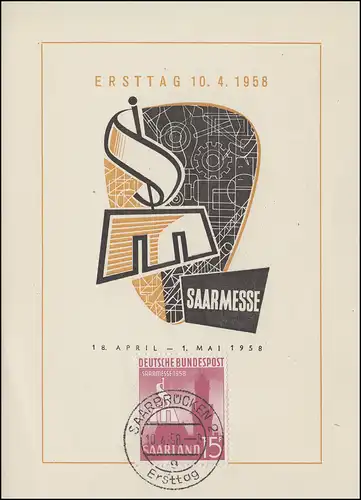 435 Saarmense 1958 sur carte maximale Tampon de premier jour SAARBRÜCK 10.4.1958