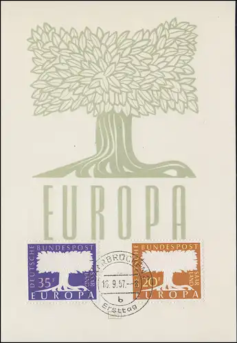 402-403 Europa CEPT 1957 auf Maximumkarte Ersttagstempel SAARBRÜCKEN 16.9.1957