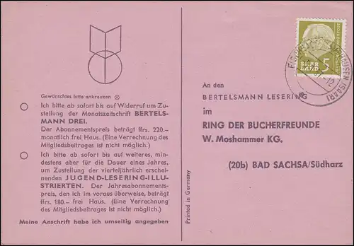 384 Heuss 5 (Fr) EF Buchbestellkarte Bertelsmann FISCHBACH-CAMPHAUSEN 5.1.1957