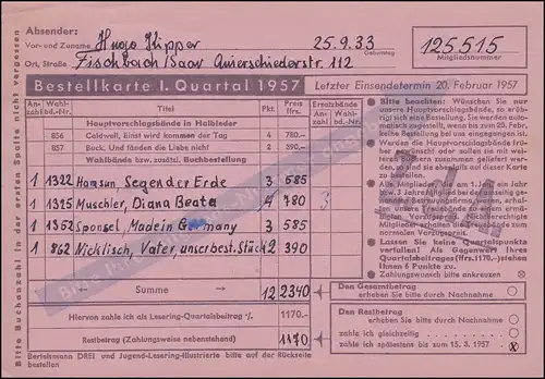 384 Heuss 5 (Fr) EF Buchbestellkarte Bertelsmann FISCHBACH-CAMPHAUSEN 5.1.1957