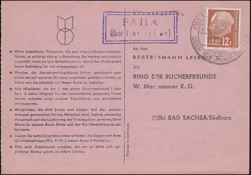 Landpost Faha über Merzig, Buchbestellkarte SSt MERZIG 100 Jahre Stadt 16.2.59