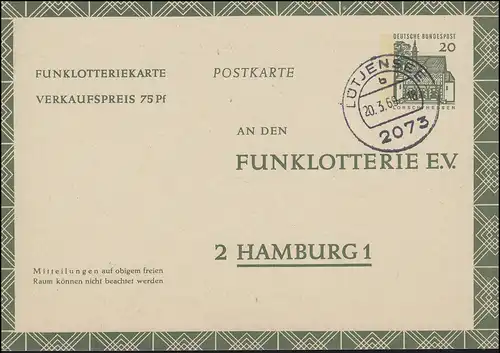 Funklotterie-Postkarte FP 12 Tagesstempel LÜTJENSEE 20.3.1966