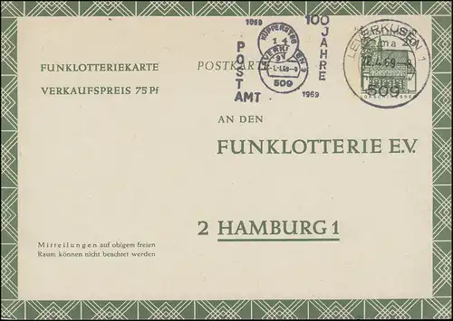 Carte postale radio-lotte FP 12 timbres promotionnels 100 ans Bureau de poste LEVERKUSEN 22.4.1969
