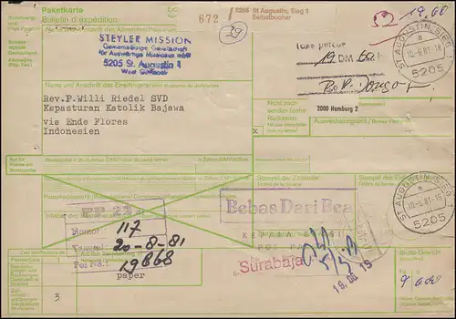 Carte de paquet St. Augustin (SIEG) 10.6.81 via Hambourg vers fin 12.12.81