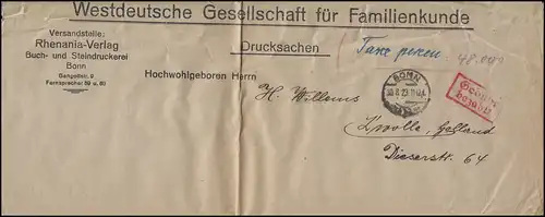 Gebühr-bezahlt-Stempel Drucksache Rhenania-Verlag BONN 30.8.1923 nach Zwolle/NL