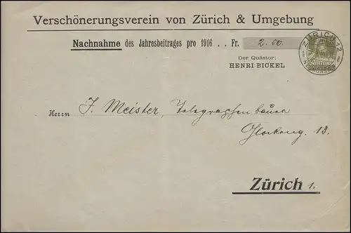 Schweiz PU Tellbrustbild 13 C. Orts-Nachnahme Verschönerungsverein ZÜRICH 9.5.16