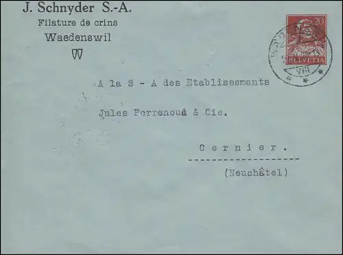 Schweiz Privatumschlag Tellbrustbild 20 C. Filature de crins WAEDENSWIL 29.5.28 