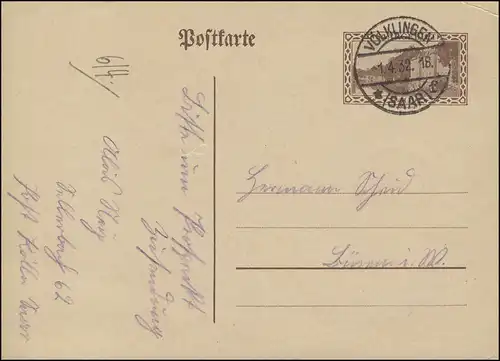 Saargebiet Postkarte P 20 Saarlouis 40 C. VÖLKLINGEN 1.4.1932