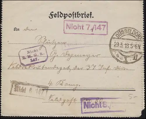 Feldpost DÜSSELDORF 29.3.1918 an die Front - mehrfach nachgesendet