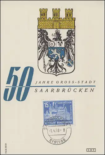 446 Grande ville de Sarrebruck sur carte maximale Tampon de première journée SAARBRÜCK 1.4.1959