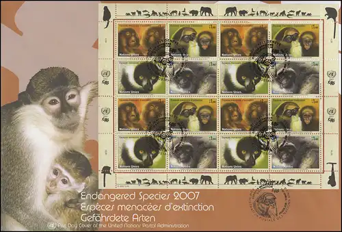 UNO Genf 561-564 Gefährdete Primaten, Kleinbogen auf Schmuck-FDC GENF 15.3.2007