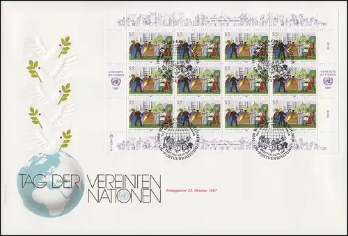 UNO Wien 75-76 Tag der UNO, Kleinbogen-Satz auf 2 Schmuck-FDC WIEN 1987