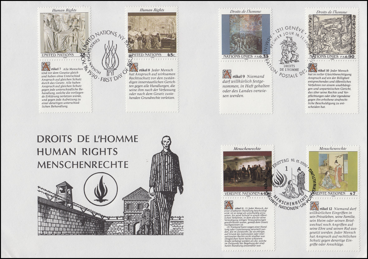 Uno Trio Fdc Menschenrechte 6 Marken Mit Zierfeld Auf Schmuck Fdc