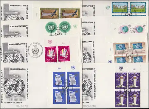 Nations unies Genève 1-8 millésime 1969 en quatre blocs ER avec TAB sur 8 FDC Bijoux GENÈVE