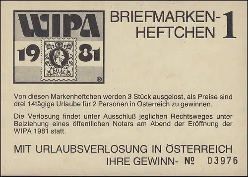Briefmarkenheftchen 1 zur WIPA 1981 Urlaubsverlosung, mit 4mal 1635 gestempelt