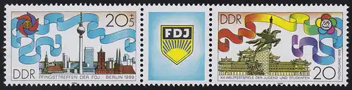 3248-2149 FDJ 1989 als Dreierstreifen - mit Verzähnung in der Jahreszahl, **