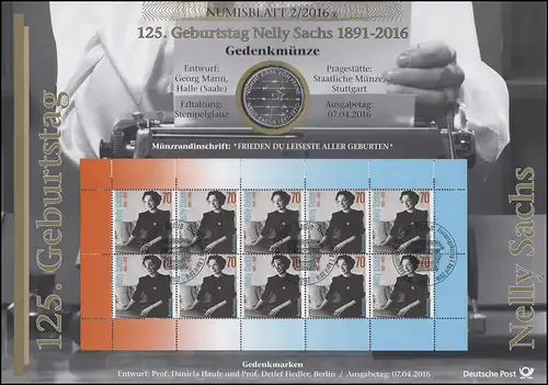 3230 125e anniversaire de la lauréate du prix Nobel Nelly Sachs - Numisblatt 2/2016