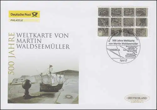 2598 Carte du monde de Martin Waldseemüller, Bijoux-FDC Allemagne exclusivement