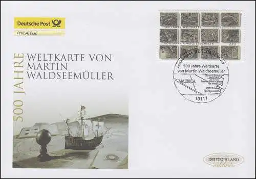 2598 Weltkarte von Martin Waldseemüller, Schmuck-FDC Deutschland exklusiv