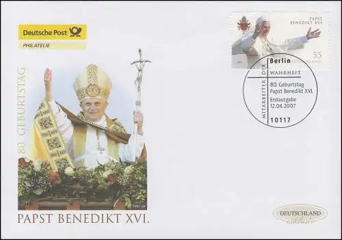 2599 Anniversaire du Pape Benoît XVI, Bijoux-FDC Allemagne exclusivement