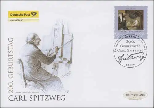 2647 Peintre Carl Spitzweg, autocollant, FDC de bijoux Allemagne exclusif