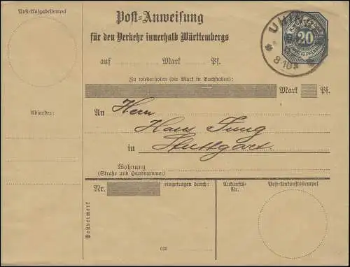 Württemberg Postanweisungs-Umschlag 20 Pf. blau Gefälligkeits-O UHINGEN 7.12.02