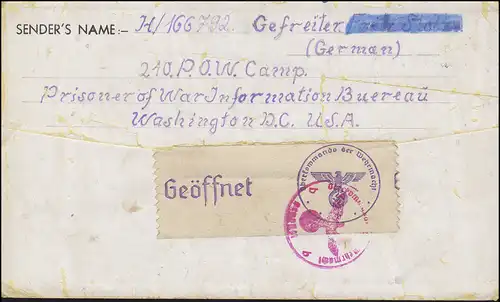 Kriegsgefangenenpost aus den USA 8.7.43 mit deutscher Zensur nach Aschersleben