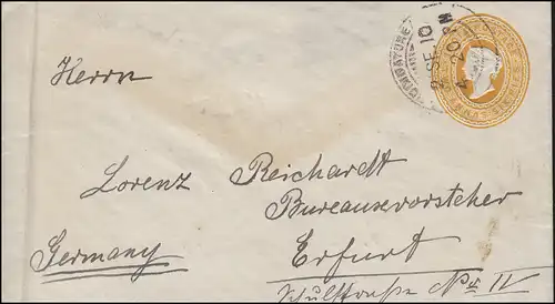 Indien Umschlag TWO ANNAS SIX PENCE gelborange, COIMBATORE 2.9.1910 nach Erfurt
