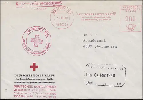 Poste de prisonniers de guerre Timbre de détachement Croix-Rouge allemande BERLIN 31.01.1980
