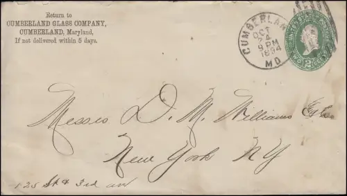 USA Umschlag TWO CENTS Portrait grün COMBERLAND 24.10.1894 nach New York 25.10.