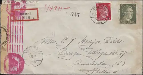 Zensur Deutsches Reich R-Brief Freimarken-MiF BERLIN 40 - 21.12.43 n. Amsterdam