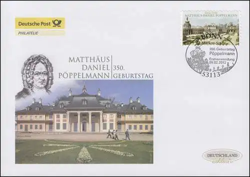 2915 Matthäus Daniel Pöppelmann, selbstklebend, Schmuck-FDC Deutschland exklusiv