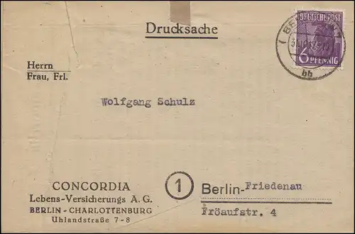 944 Pflanzer 6 Pf EF Orts-Drucksache CONCORDIA-Versicherung BERLIN 31.10.1947