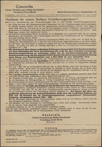 944 Planteur 6 PF EF Chose d'impression locale CONCORDIA-assurance BERLIN 31.10.1947