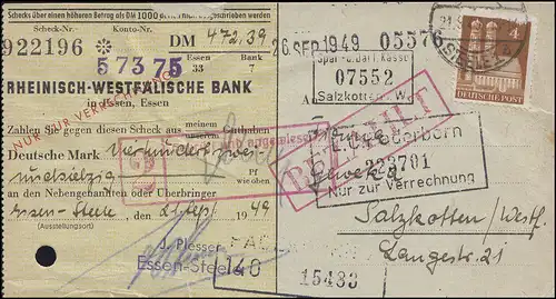 74eg Bauten 4 Pf EF auf Geldüberweisungs-Drucksache ESSEN-STEELE 21.9.49