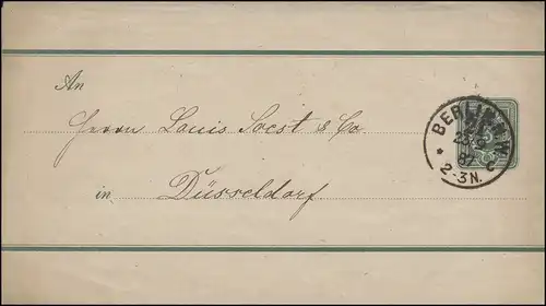 Streifband S 7A Ziffer 3 Pfennig, BERLIN N.W. 21 - 23.9.1887 nach Düsseldorf